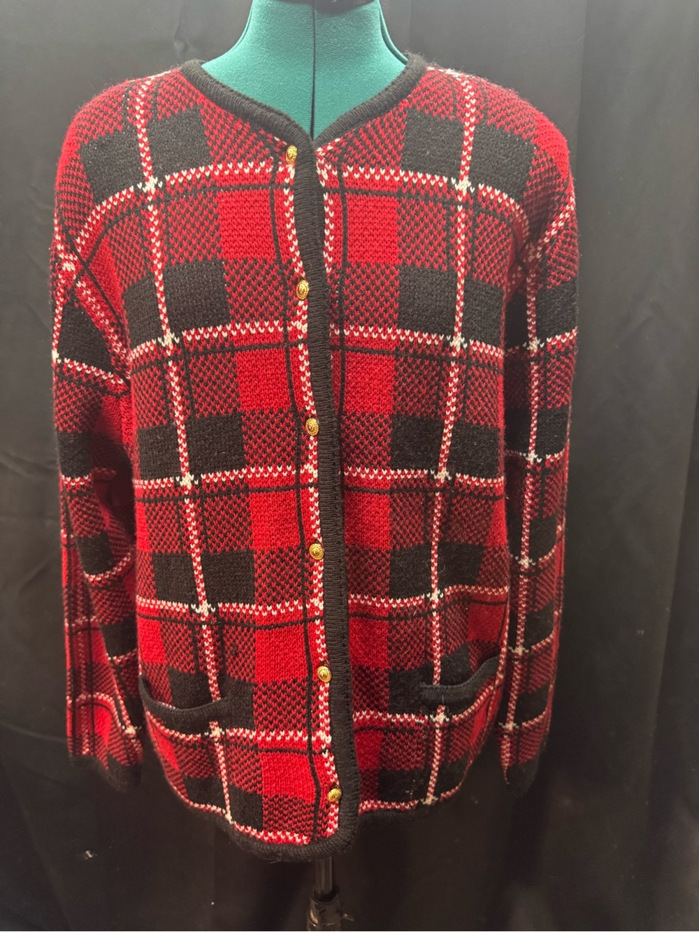 Classic Elements Red and Black Plaid Cardigan with Gold Buttons